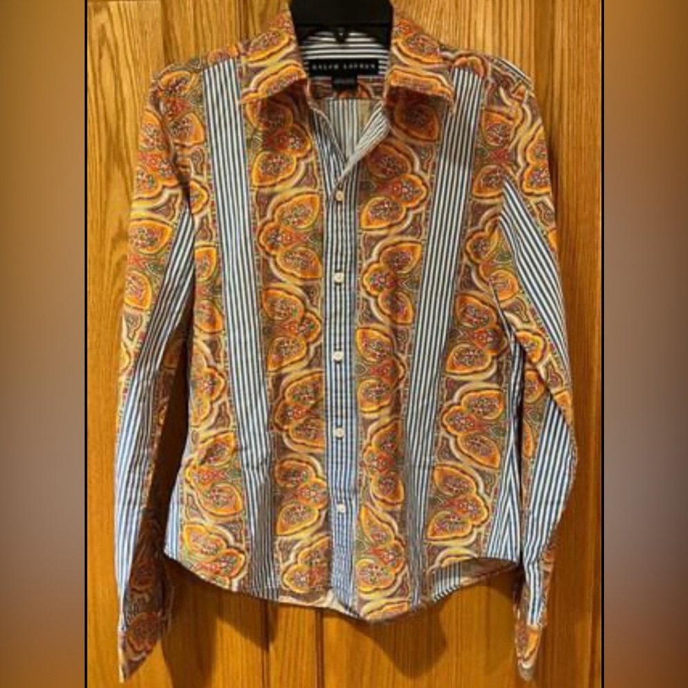 Women’s Ralph Lauren Black Label Cotton Striped Paisley Button-Down Blouse Sz 2